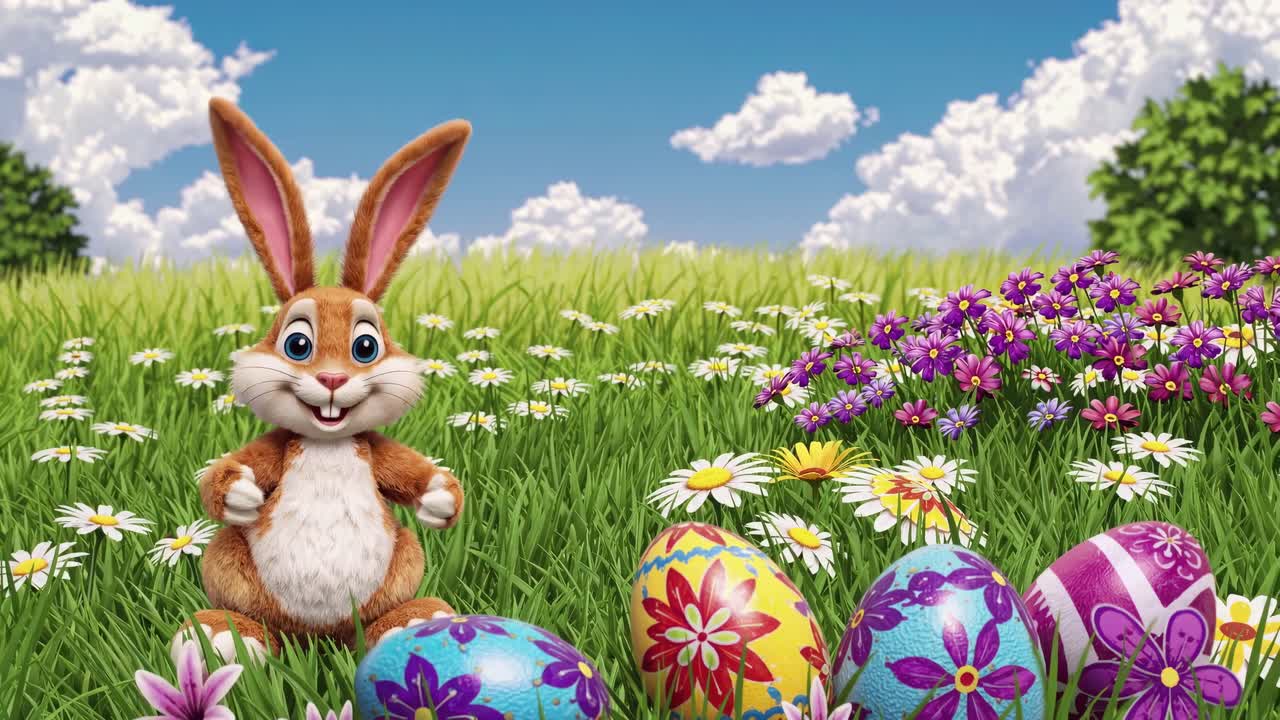 Animated video of a cheerful bunny in a vibrant meadow with colorful Easter eggs