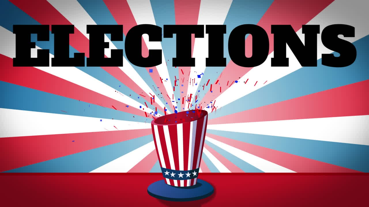 빨간색,  ⁇ 색, 파란색 줄무 ⁇  위에 빨간색과  ⁇ 색 줄무 ⁇ 가 있는 모자를 가진 단어 선거의 애니메이션