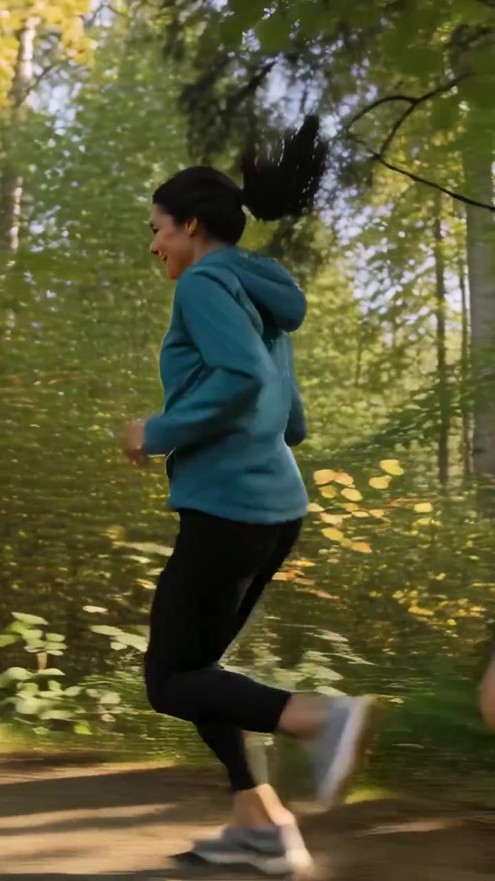 Video verticale: Una persona in testa con giacca verde acqua che corre affiancando un amico vicino a una betulla su un sentiero, mentre la telecamera panoramica segue la corsa per la salute.