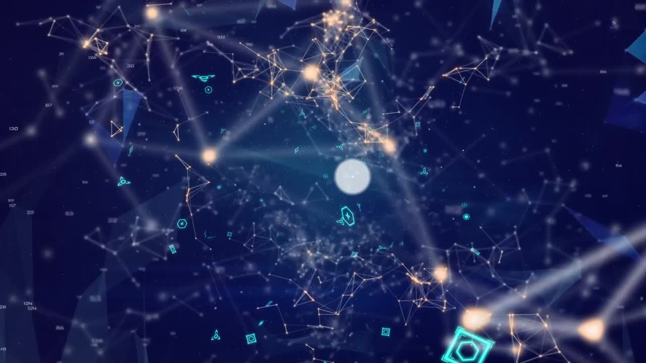 Animation of digital profile icons interconnecting with lines against abstract background