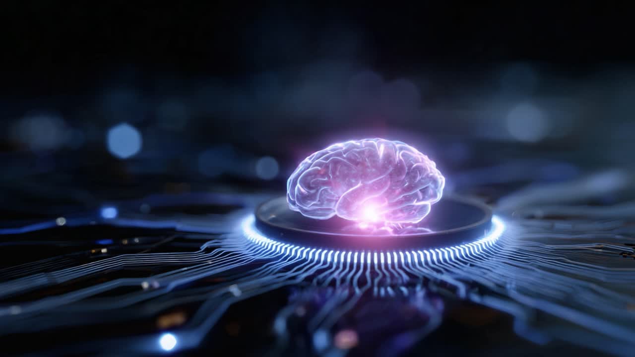A Glowing Brain Surrounded by Circuit Patterns Illuminating Technological Innovation in Artificial Intelligence and Neural Networks with Futuristic Highlights