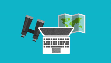 computadora portátil con animación de artículos de viaje