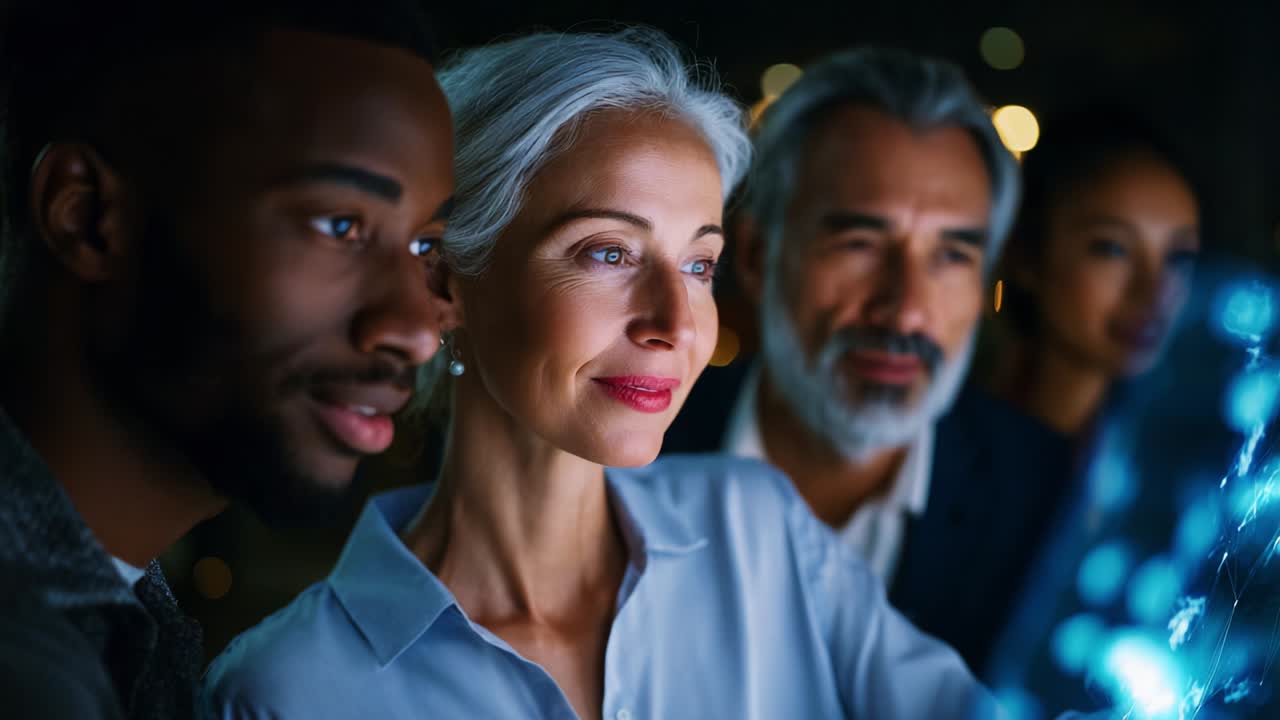 Engaged in Innovation: A Diverse Group of Professionals Analyzing Data and Technology on a Digital Interface, Highlighting Collaboration and Forward-Thinking in a Dynamic Environment