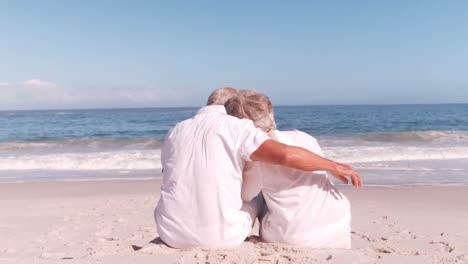 elderly couple hugging on the beach