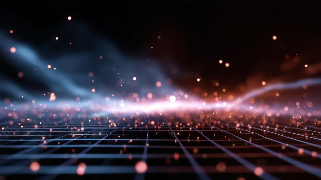 A Dynamic Visualization of a Futuristic Digital Landscape with Glowing Particles and a Gridded Background, Depicting Motion and Light in a Sci-Fi Context