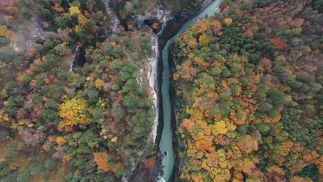 Epischer-Luftflug-über-Nebelwald-Bunte-Herbstbäume-Und-Schöner-Blauer-Canyon-Fluss-Im-Herbstwald,-Draufsicht