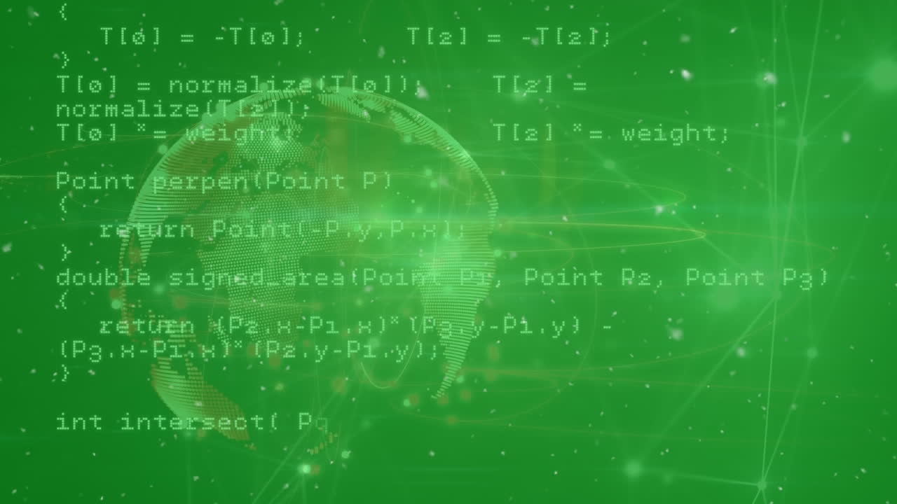 Animation of network of connections and data processing over spinning globe against green background