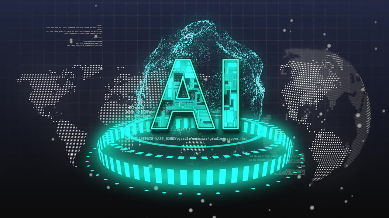 Glowing AI text with digital world map and animation in futuristic grid background