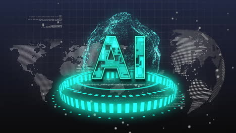 glowing ai text with digital world map and animation in futuristic grid background