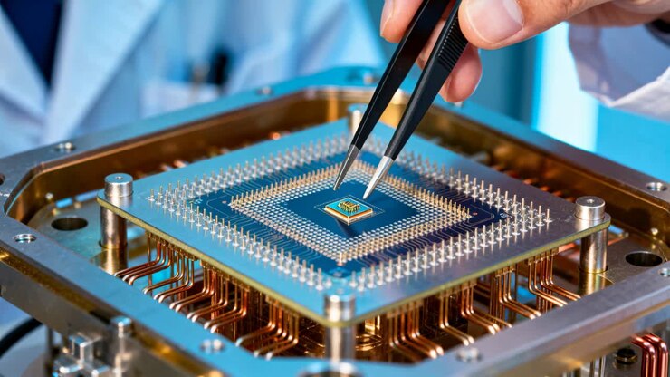 En hånd placerer en chip på en blå pin-grid-bærer i et laboratorium til montering, ved hjælp af en pincet og iført en laboratoriekittel.