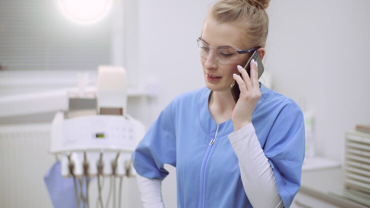 Female Doctor Talking On Mobile Phone At Healthcare Clinic