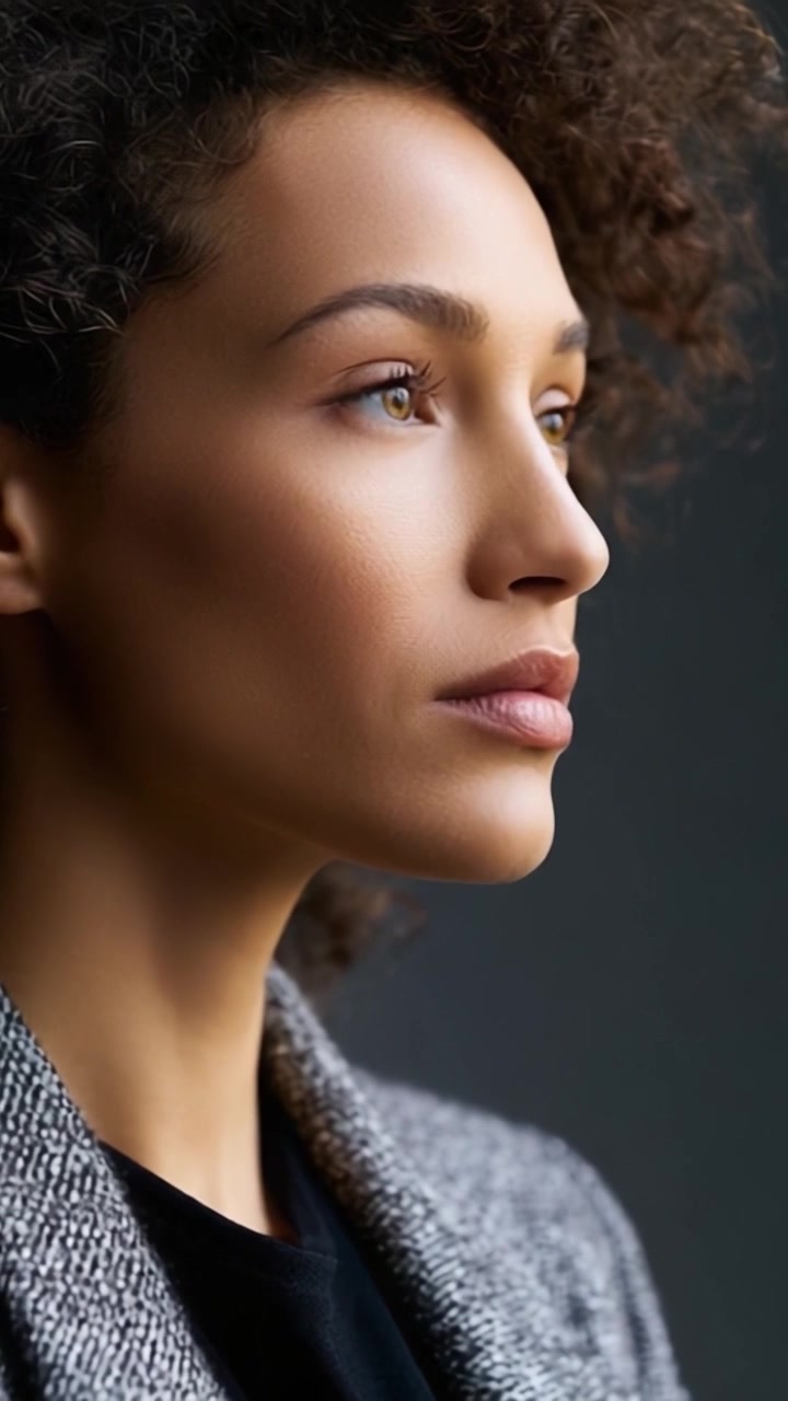 Un ritratto di profilo accattivante di una donna pensierosa con bellissimi capelli ricci, che mette in risalto i suoi tratti distintivi e l'espressione serena in un'ambientazione dalla luce soffusa