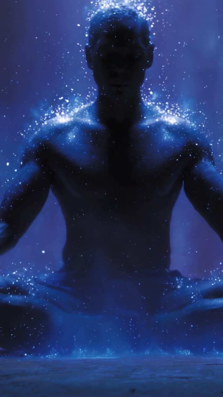 Un'esplorazione affascinante dell'essenza della meditazione, mentre una figura circondata da un'aura cosmica incarna serenità e tranquillità in un universo di luce blu scintillante