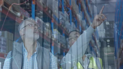 animación de estadísticas y procesamiento de datos financieros sobre hombres y mujeres que trabajan en almacenes