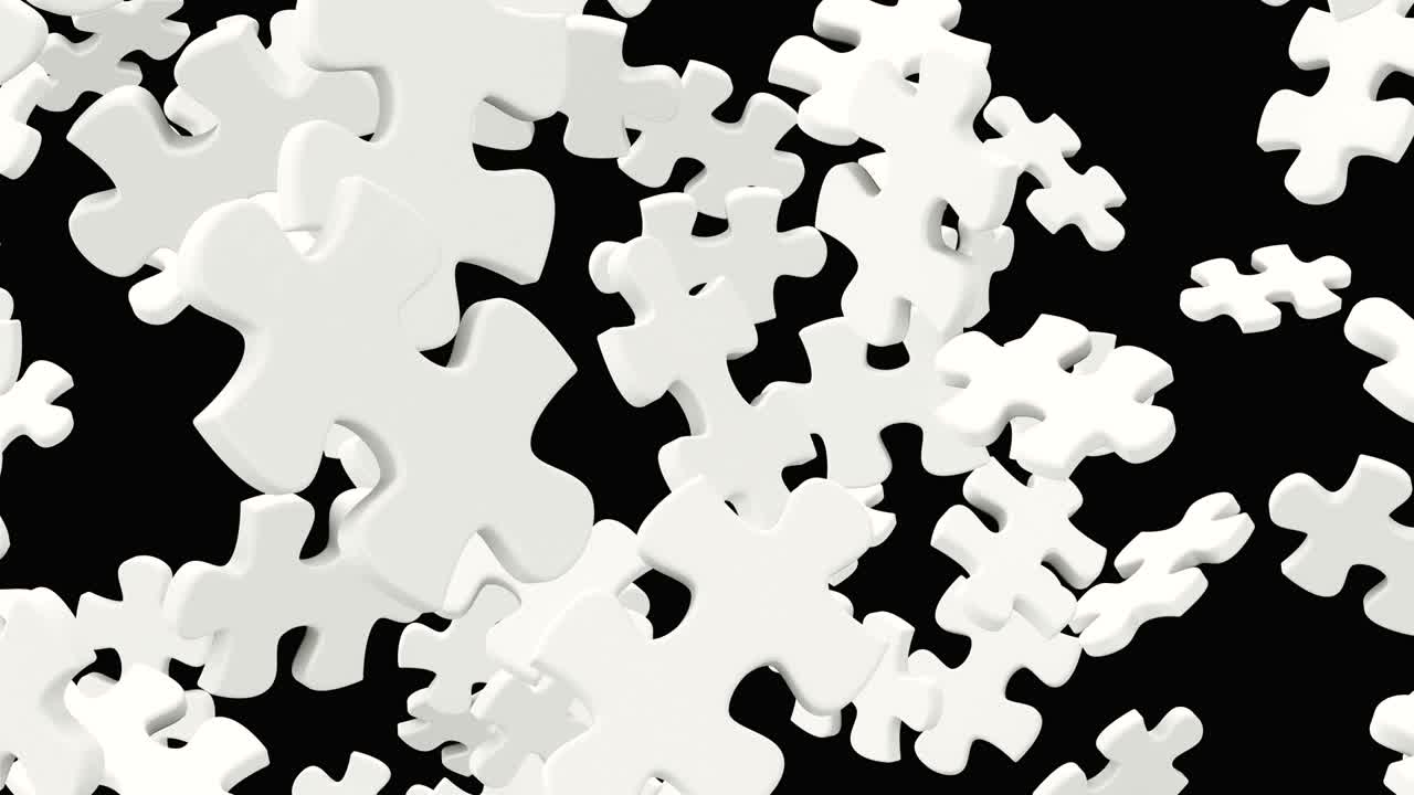 el rompecabezas se desmorona y una de sus piezas de rompecabezes llena la pantalla. animación lista para el bucle con máscara incluida.