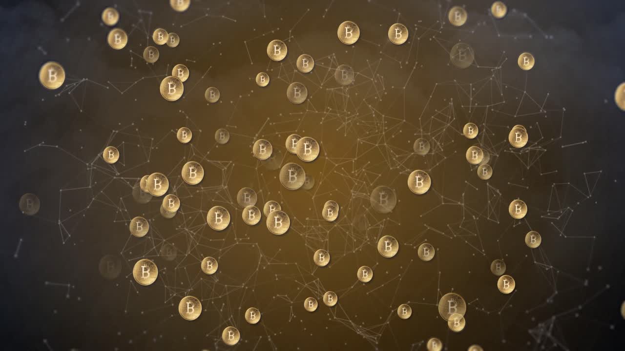 Animation of network of connections with bitcoin symbol over sky with clouds and lightning