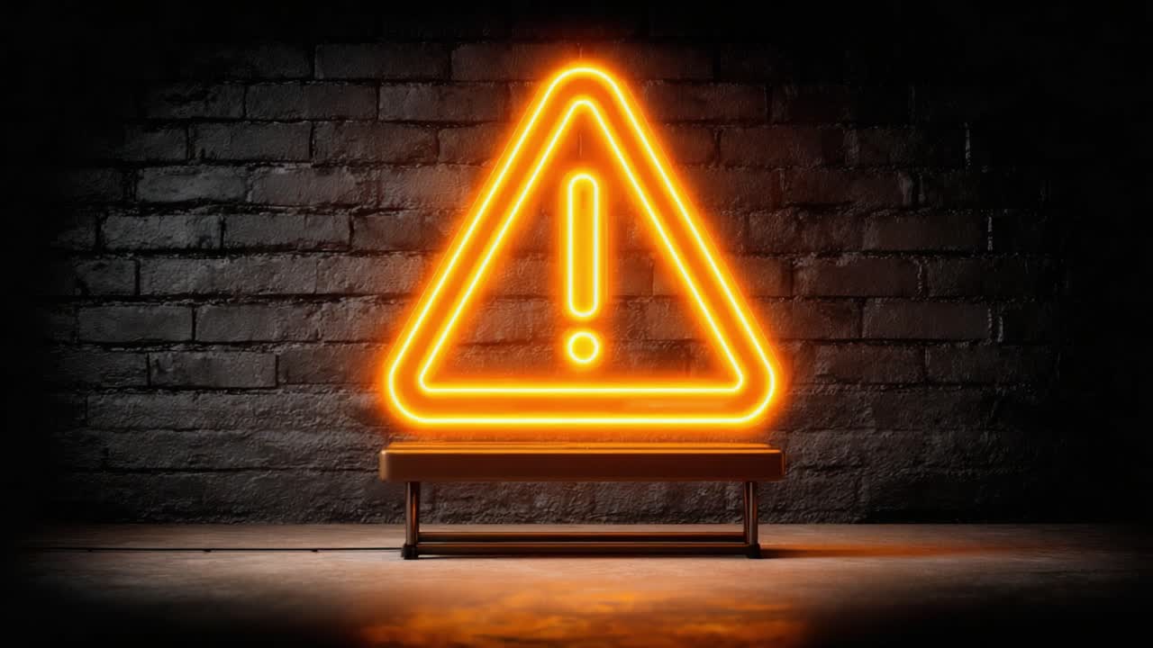 Illuminated Orange Warning Sign in a Dark Environment Emphasizing Caution, Alertness, and Safety Awareness with a Striking Neon Appearance Against Textured Walls