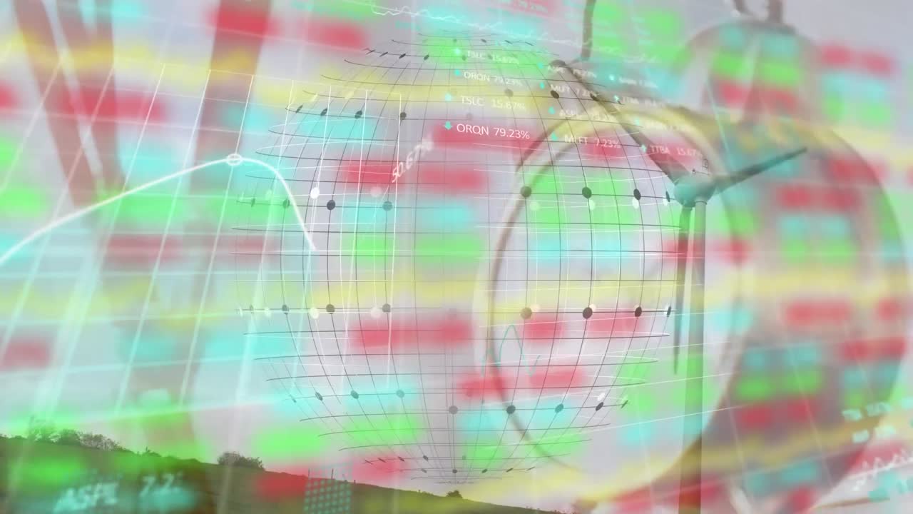 animación del globo, gráficos, tablero de negociación sobre despertador contra el molino de viento giratorio en tierra verde