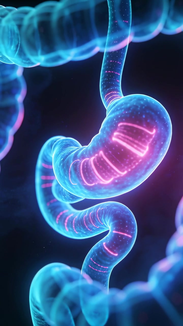 Video verticale: Telecamera panoramica che mostra un intestino al neon, bulbo dello stomaco, spire che pulsano per mostrare il ritmo nell'anatomia