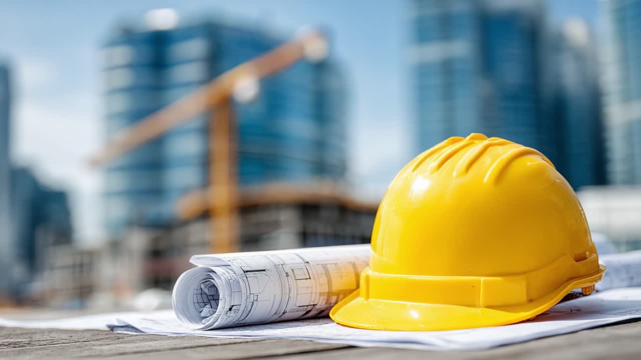 Una vivace scena di cantiere con un casco giallo brillante e progetti architettonici, su uno sfondo di moderni edifici a più piani e attività di costruzione.