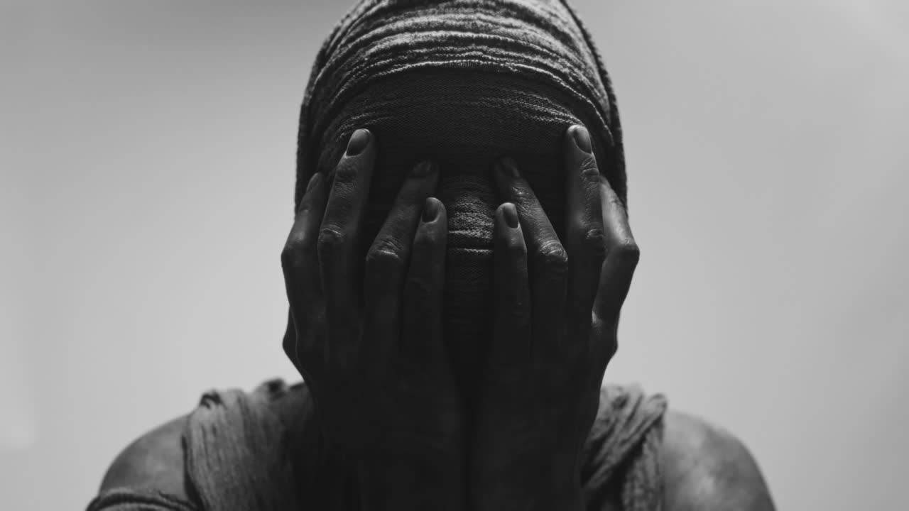 A mummified woman against the bright background in keeps her hands on her face the powerful pose full of despair