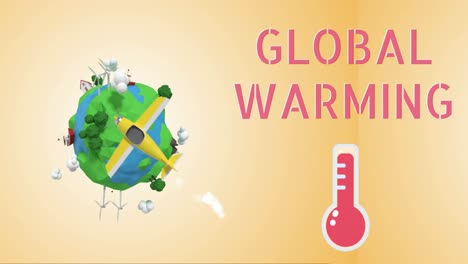 Global-Warming-text-and-thermometer-icon-against-spinning-globe-and-plane-on-orange-background
