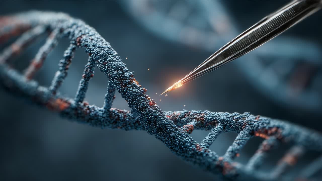 Primo piano ad alta precisione della manipolazione del DNA: esplorazione della tecnologia di ingegneria genetica con uno strumento di precisione sulla struttura a doppia elica