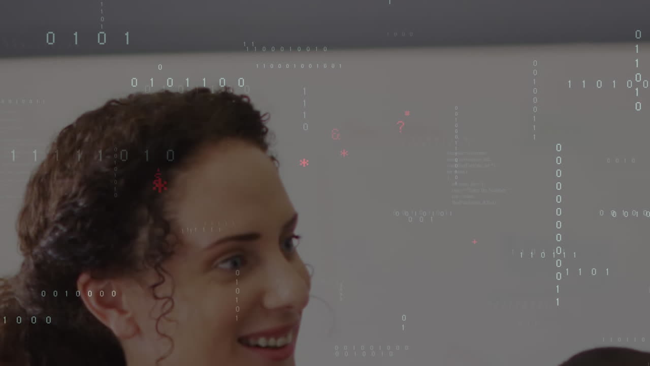 Animation of binary coding data processing against caucasian female teacher teaching at school