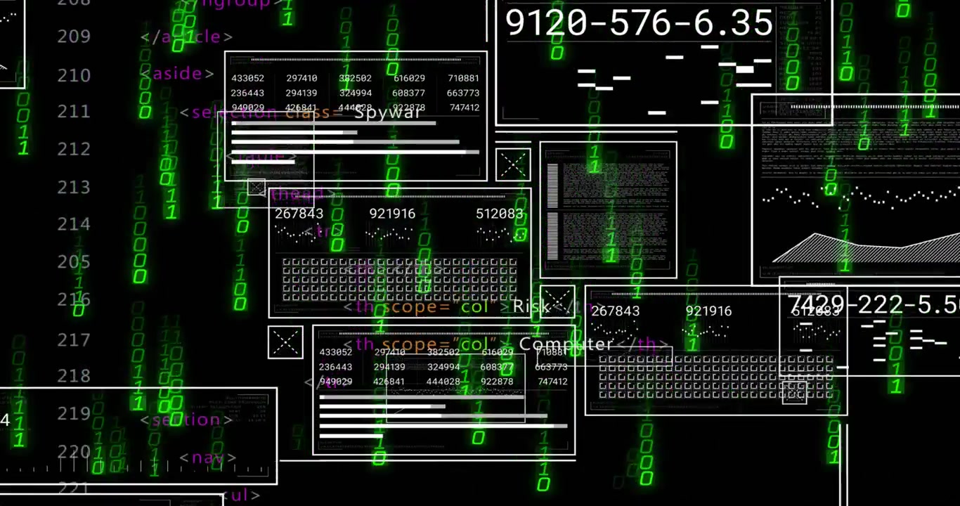 Binaire regen stroomt naar beneden, wireframe vensters schuiven en overlays verschijnen die cyberdreigingen onthullen.