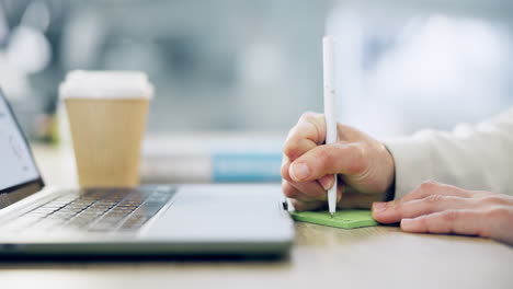 Hands,-writing-and-business-with-a-laptop