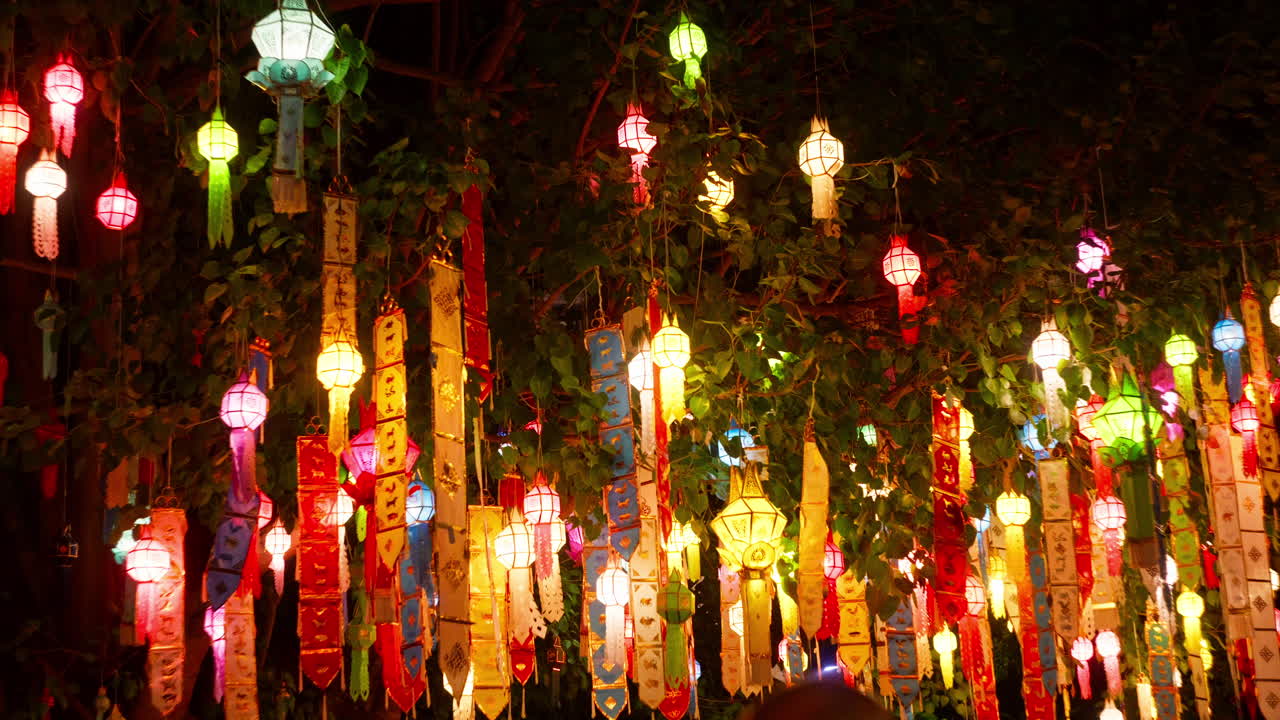 清迈天灯节期间，五颜六色的天灯挂在树上。