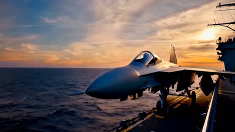 military jet landing on an aircraft carrier at sunset