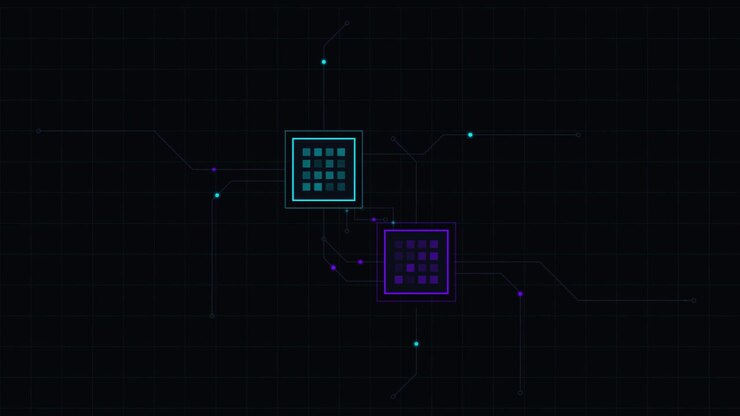 Digital Circuit Board Animation with Glowing Data Nodes