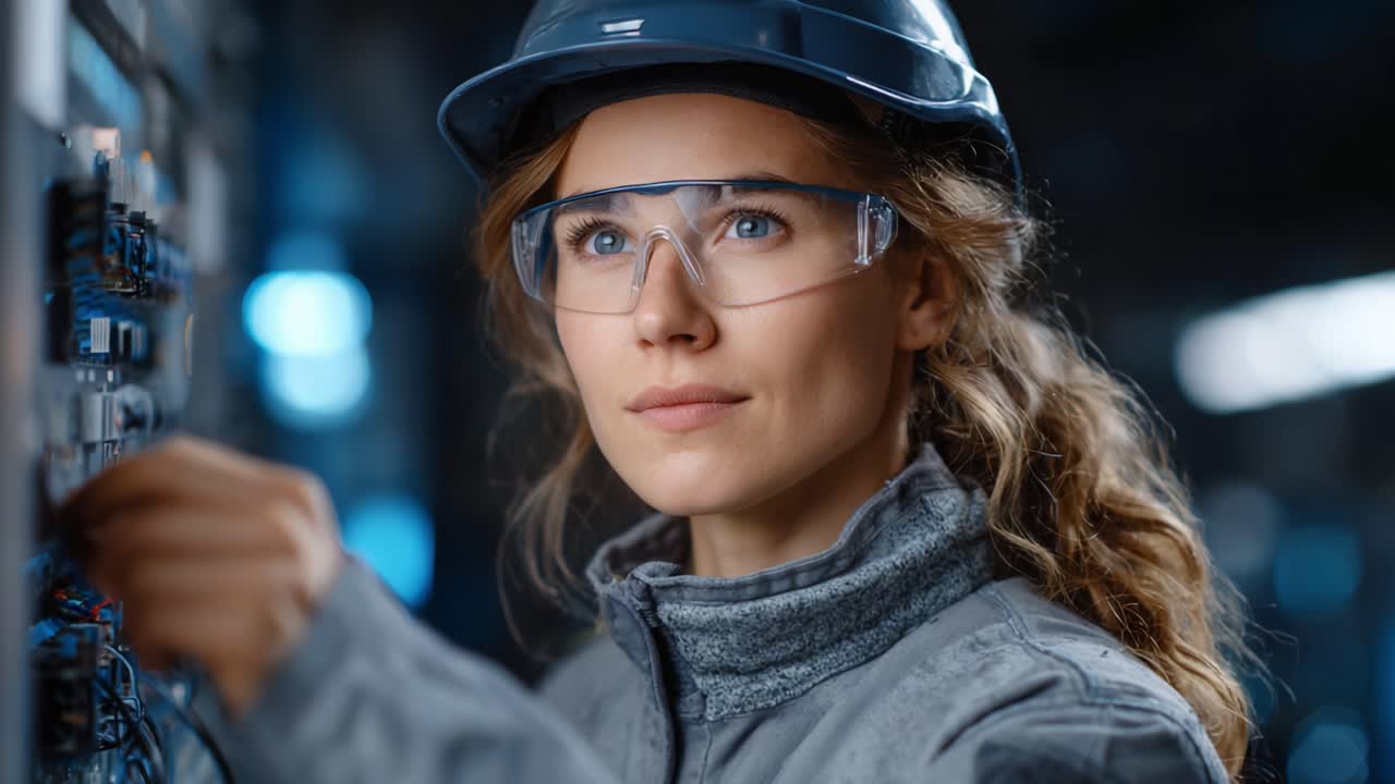 Focused Technician Working on Electrical Controls, Wearing Safety Gear and Protective Eyewear in a Modern Industrial Environment, Ready to Solve Technical Challenges