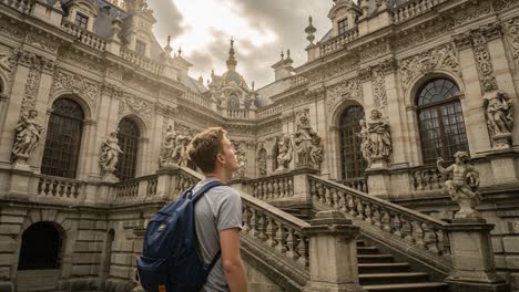 a young explorer gazes upward at the grand architecture of an ornate historical building with intricate statues and stunning cloudy sky