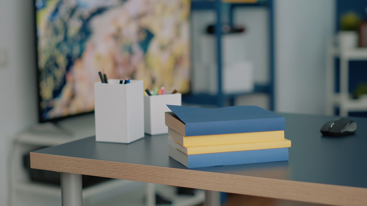 Nobody at home desk with school supplies and books