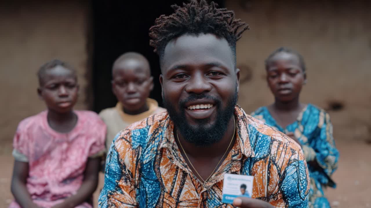 A Joyful Moment: A Man Smiling Broadly While Showcasing an Identification Card, Surrounded by Children in Traditional Attire in a Natural Setting