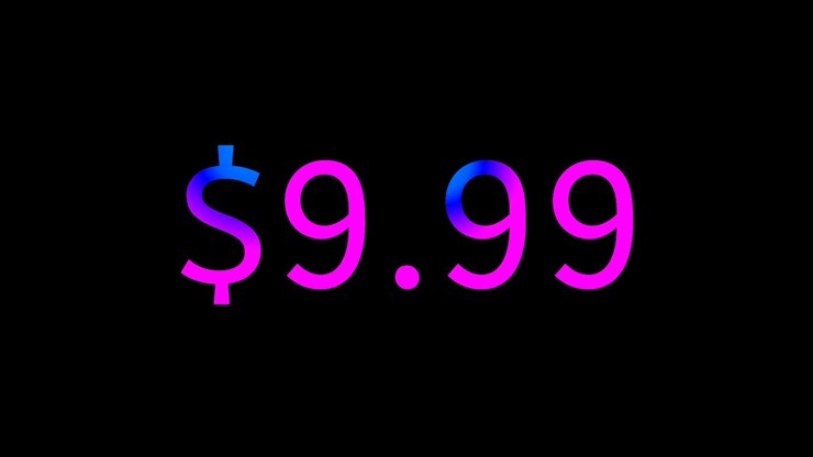 Cartellino del prezzo moderno al neon con animazione di $9.99, testo di valuta con gradiente luminoso e grafica in movimento su sfondo nero, concetto commerciale ripetibile.
