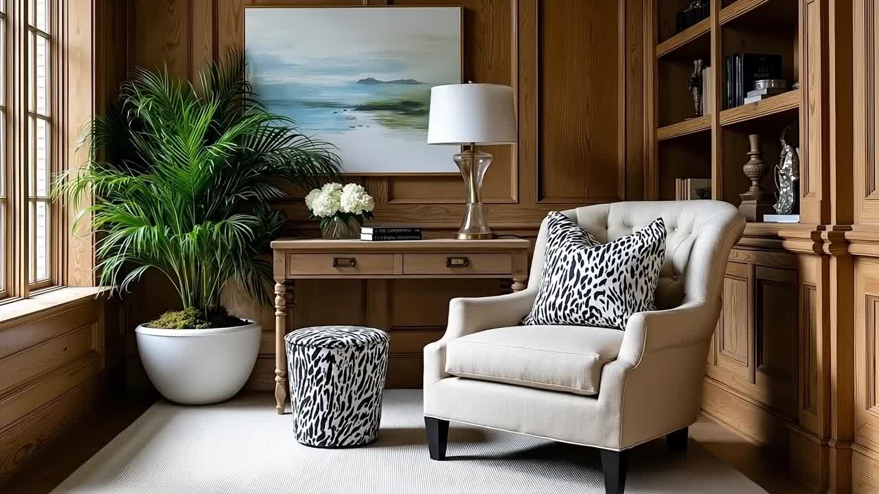 una sala de estar con una silla y una mesa con una lámpara