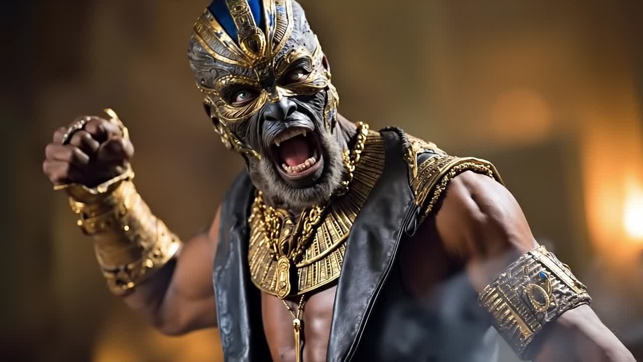 A man in a mask with his mouth open and his fist in the air