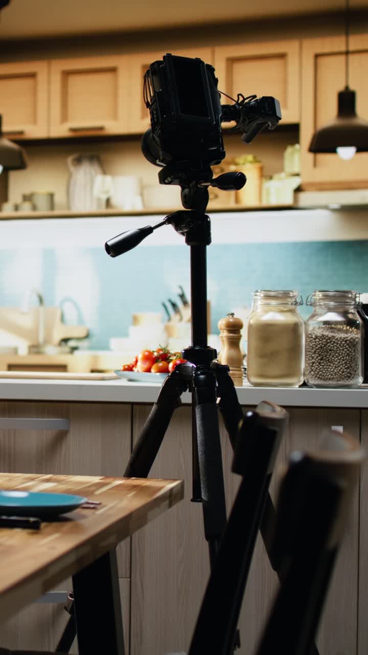 Vertikal video: Tomt hjemmekøkkenstudie brugt til optagelse af en mad-vlog med måltidsforberedelse.