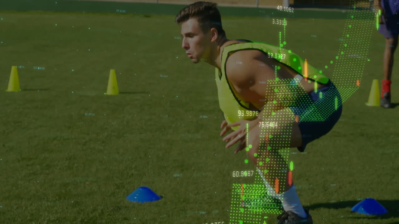Animation of data processing over diverse soccer players exercising at stadium