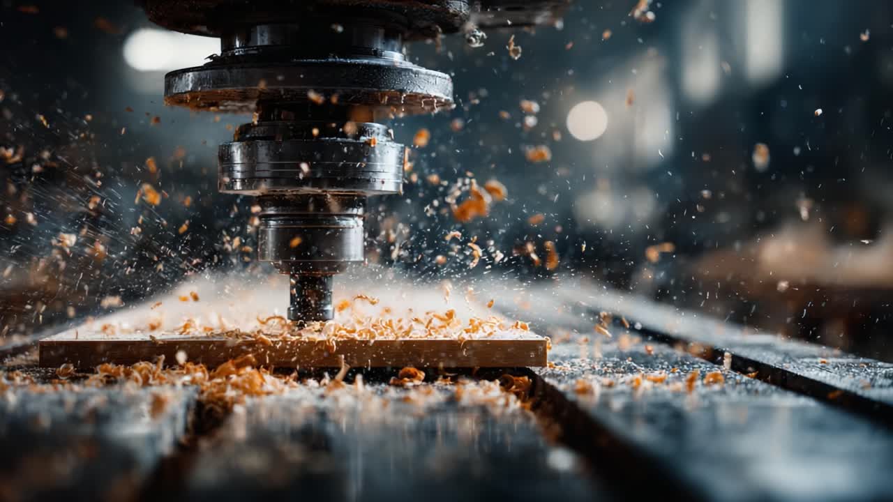 Precision Woodworking Process: A Close-Up Look at a CNC Router in Action, Shaping and Carving Wood with Flair and Accuracy Amidst Flying Sawdust