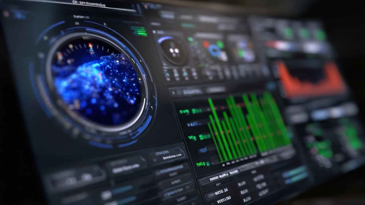 Digital dashboard glows with blue and green data. Futuristic interface shows live metrics and graphs. Smooth motion highlights tech sophistication. Perfect for science, finance, or cyber themes
