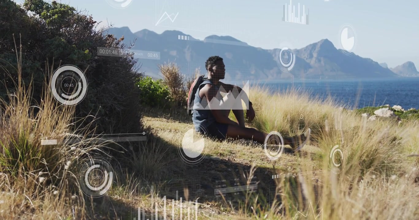 Camera shift starting HUD motion while hiker shifting posture, gazing at sea, resting on pack