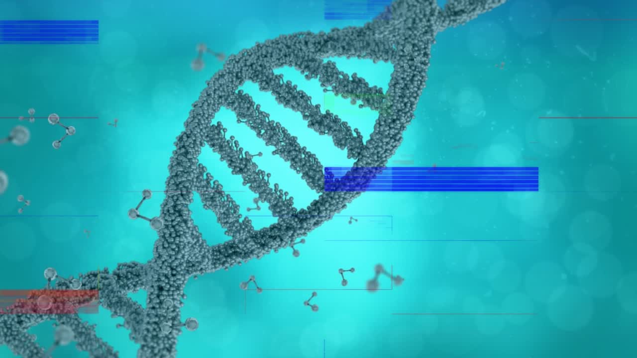 Animation of glitch and molecules over dna chain on blue background