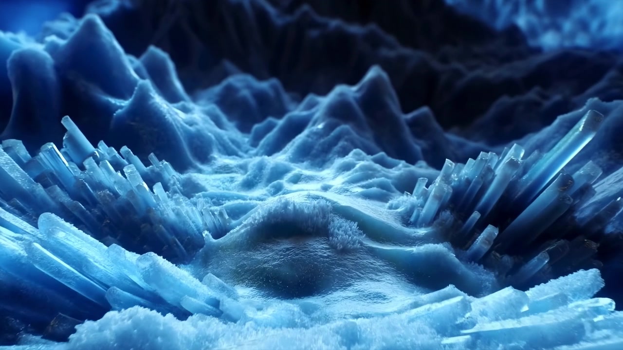 Cinematic low-angle panorama of frozen terrain with powdery frost in foreground, paired vertical translucent crystal rods near center, and smooth glazed ice plateau under cool blue light