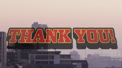 thank you graphic floating over flat design city skyline, showing cranes rising amid skyscrapers