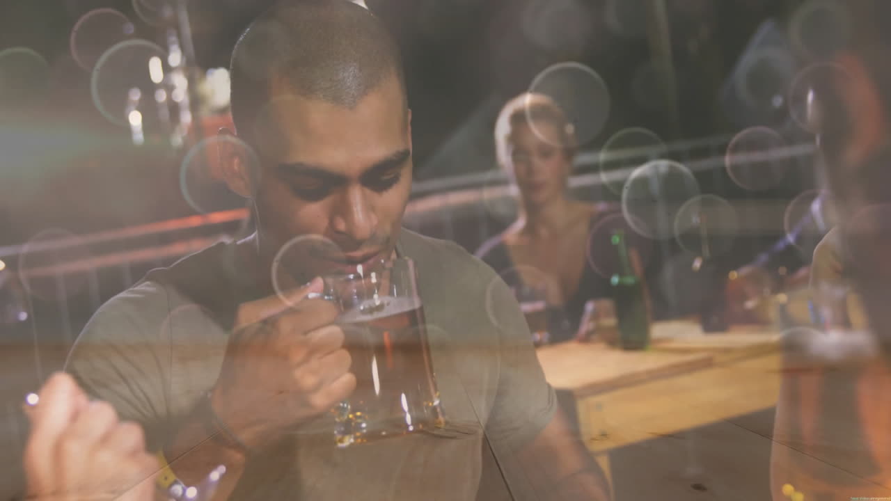 man lifting beer mug to lips in hospitality marketing animation, with animated chart icons