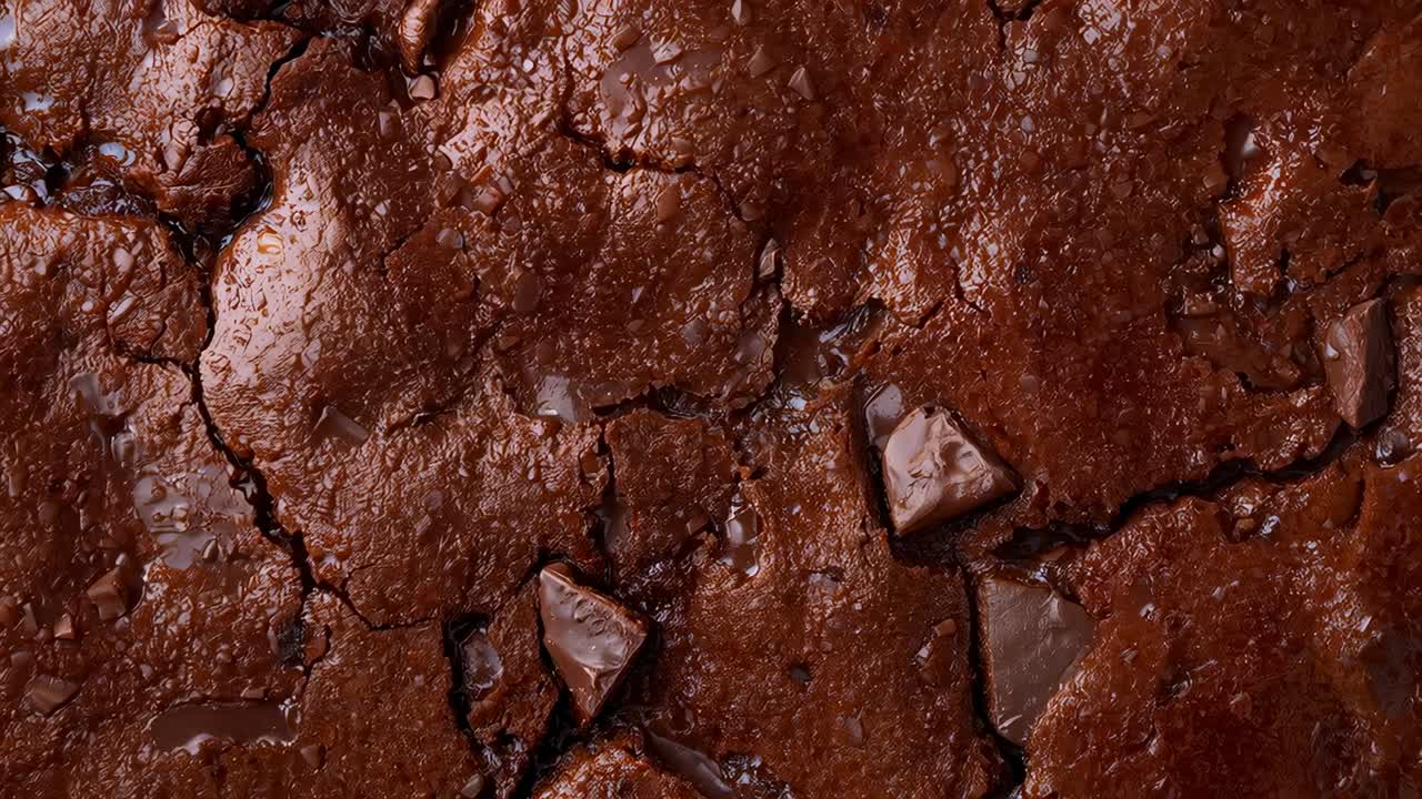 Spostamento della camera che mostra un brownie al cioccolato cotto in cucina per rivelarne la consistenza, con scaglie triangolari
